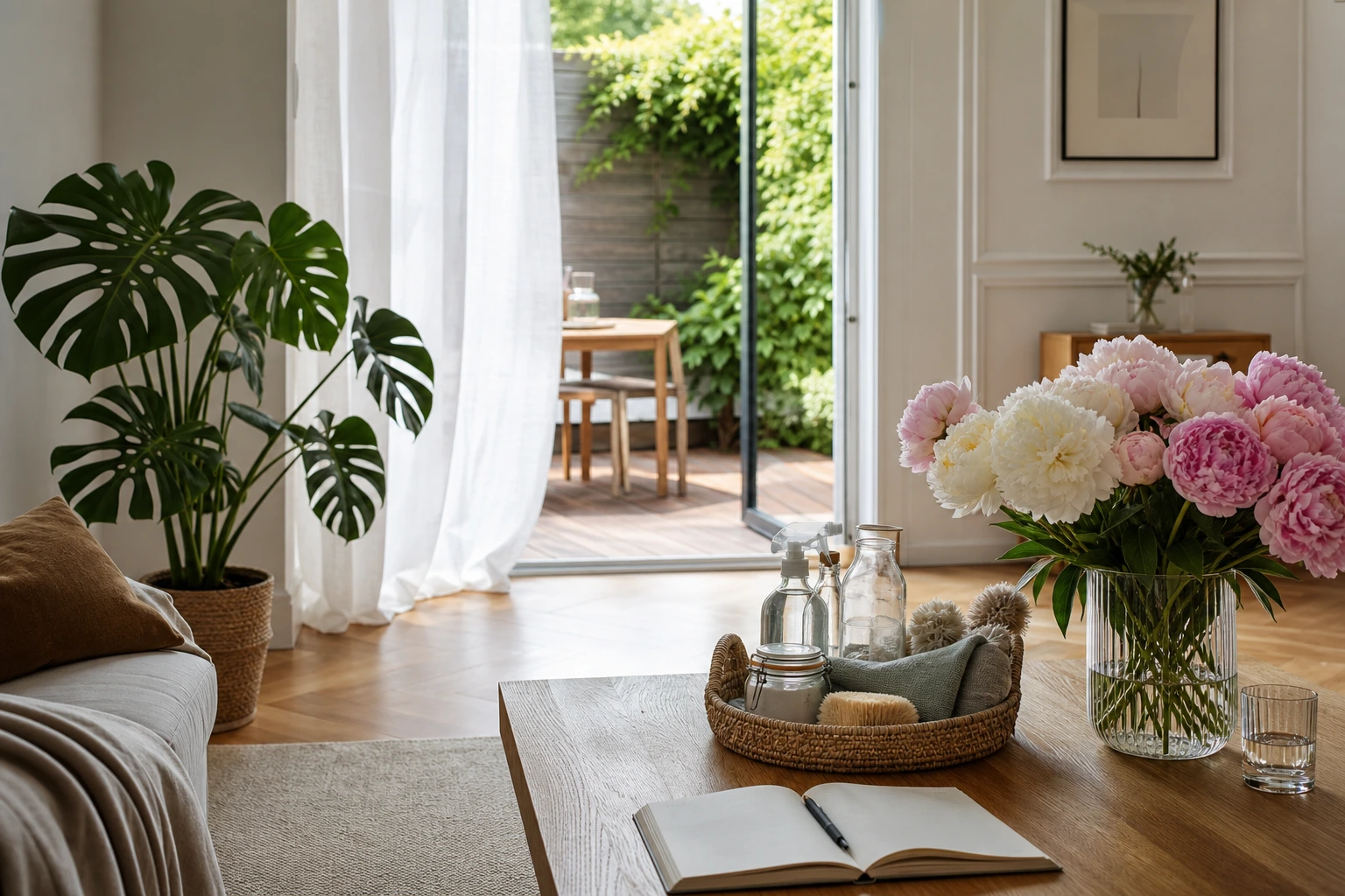 Salon français ensoleillé avec check-list ouverte sur la table basse et fenêtre ouverte sur la terrasse