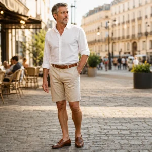 Homme de 45 ans en bermuda chino beige et chemise en lin blanc à une terrasse parisienne en été
