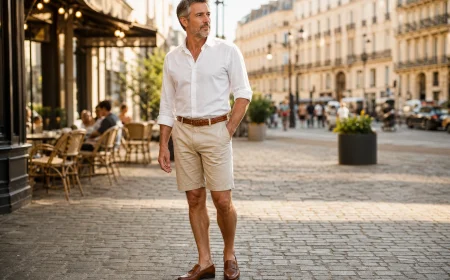 Homme de 45 ans en bermuda chino beige et chemise en lin blanc à une terrasse parisienne en été