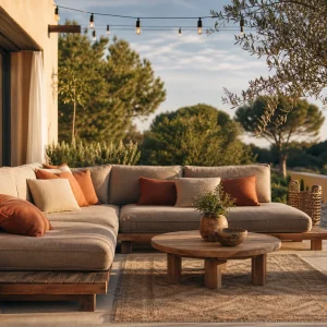 Terrasse tendance été 2026 ambiance méditerranéenne avec mobilier en teck, coussins terracotta et olivier en pot
