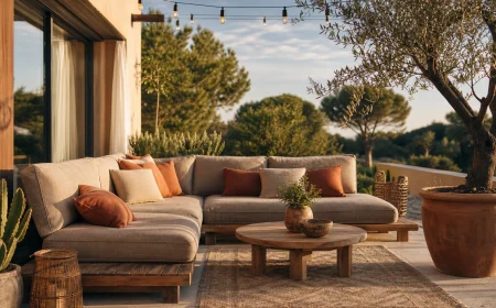 Terrasse tendance été 2026 ambiance méditerranéenne avec mobilier en teck, coussins terracotta et olivier en pot