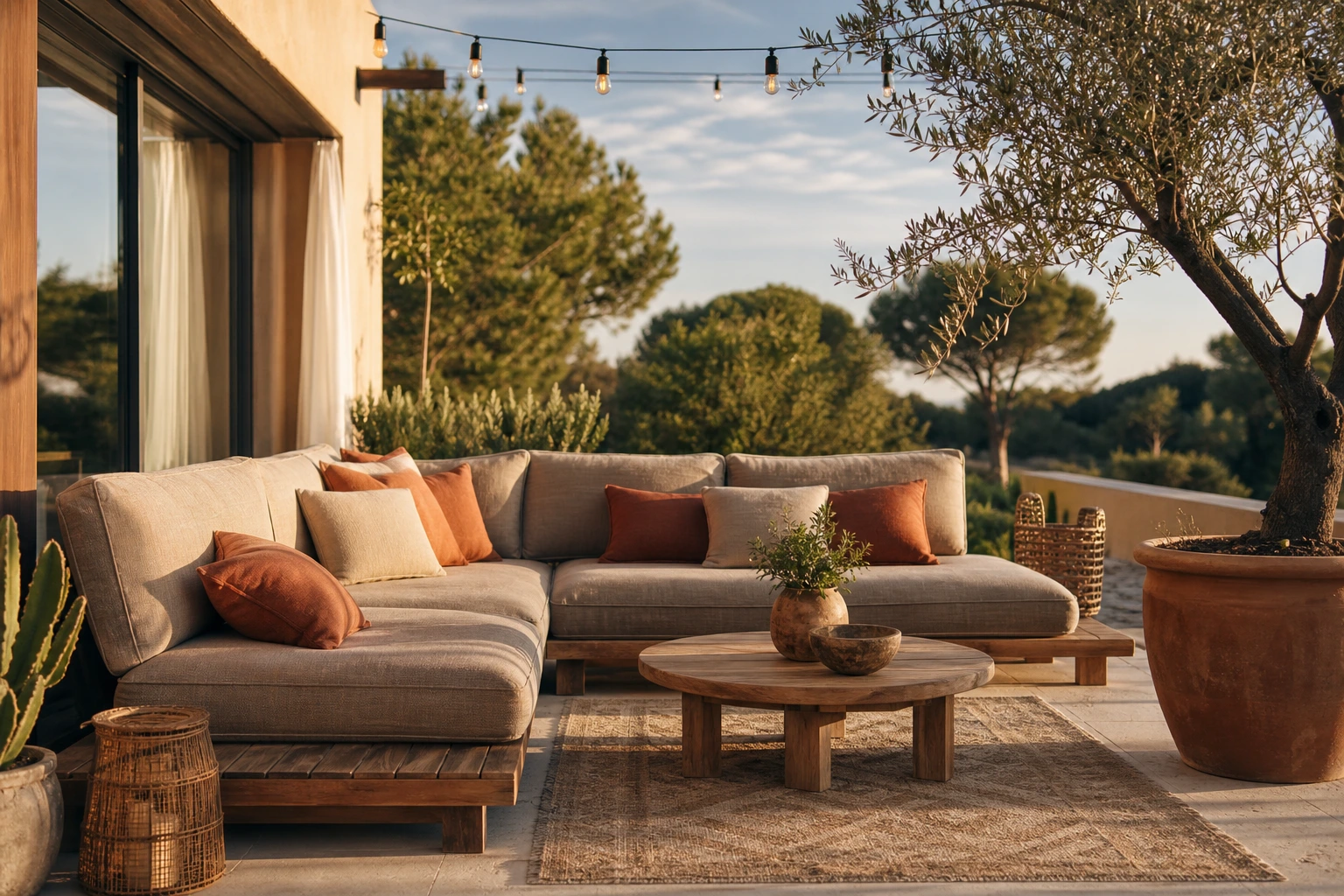 Terrasse tendance été 2026 ambiance méditerranéenne avec mobilier en teck, coussins terracotta et olivier en pot