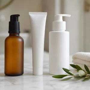 Trois produits de soin posés sur un marbre clair : sérum, crème solaire SPF 50 et nettoyant doux, routine minimaliste d'été
