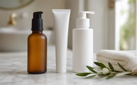 Trois produits de soin posés sur un marbre clair : sérum, crème solaire SPF 50 et nettoyant doux, routine minimaliste d'été
