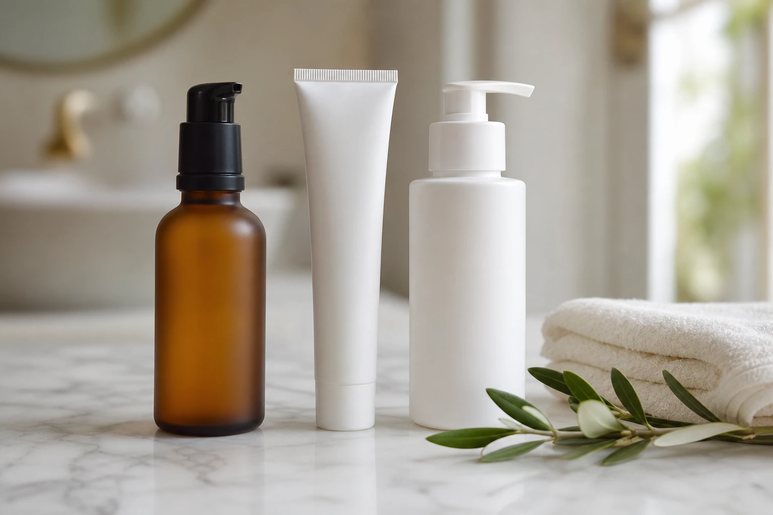 Trois produits de soin posés sur un marbre clair : sérum, crème solaire SPF 50 et nettoyant doux, routine minimaliste d'été