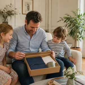 Papa déballant un coffret cadeau pour la fête des pères entouré de ses deux enfants dans un salon lumineux