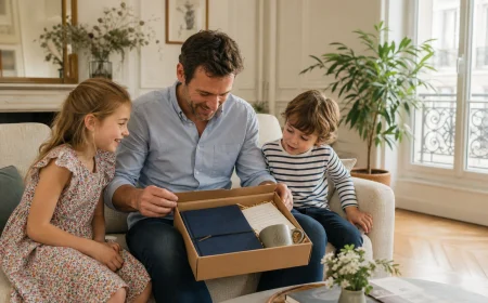 Papa déballant un coffret cadeau pour la fête des pères entouré de ses deux enfants dans un salon lumineux