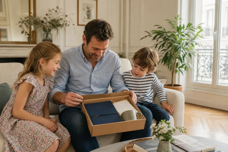 Papa déballant un coffret cadeau pour la fête des pères entouré de ses deux enfants dans un salon lumineux