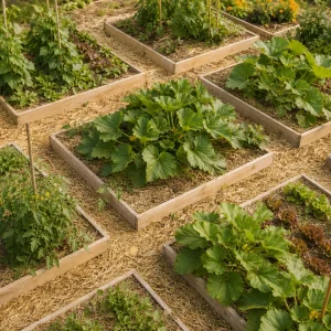 Potager français début juin avec tomates, courgettes, salades et paillage de paille
