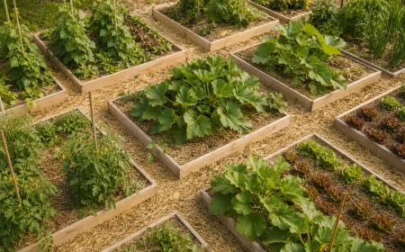 Potager français début juin avec tomates, courgettes, salades et paillage de paille