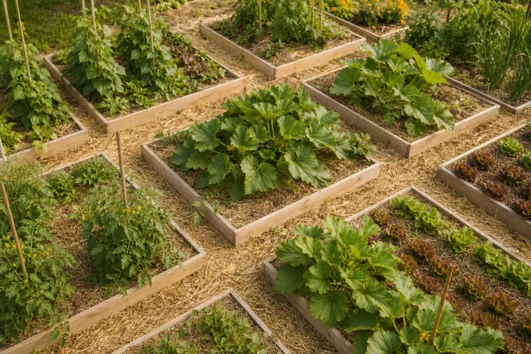 Potager français début juin avec tomates, courgettes, salades et paillage de paille