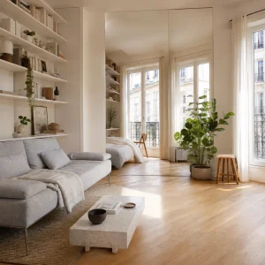Studio parisien optimisé avec canapé-lit, miroir pleine hauteur et étagères jusqu'au plafond