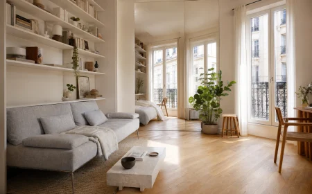Studio parisien optimisé avec canapé-lit, miroir pleine hauteur et étagères jusqu'au plafond