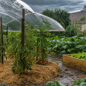 Potager protégé par un voile transparent et un paillage de paille pendant une averse de juin