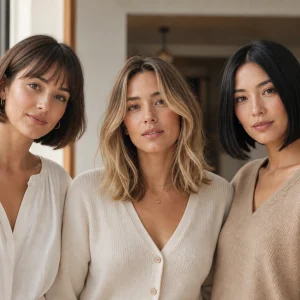 Trois femmes portant trois variantes du carré français devant une façade parisienne