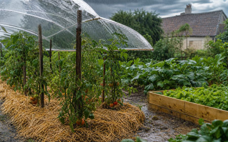 Potager protégé par un voile transparent et un paillage de paille pendant une averse de juin