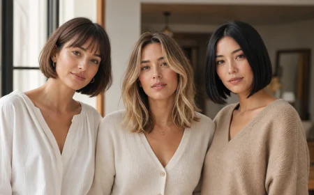 Trois femmes portant trois variantes du carré français devant une façade parisienne