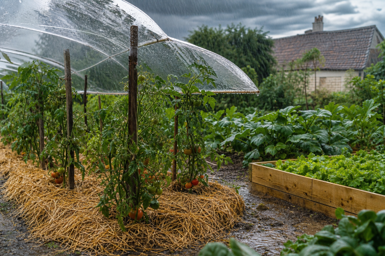 Potager protégé par un voile transparent et un paillage de paille pendant une averse de juin