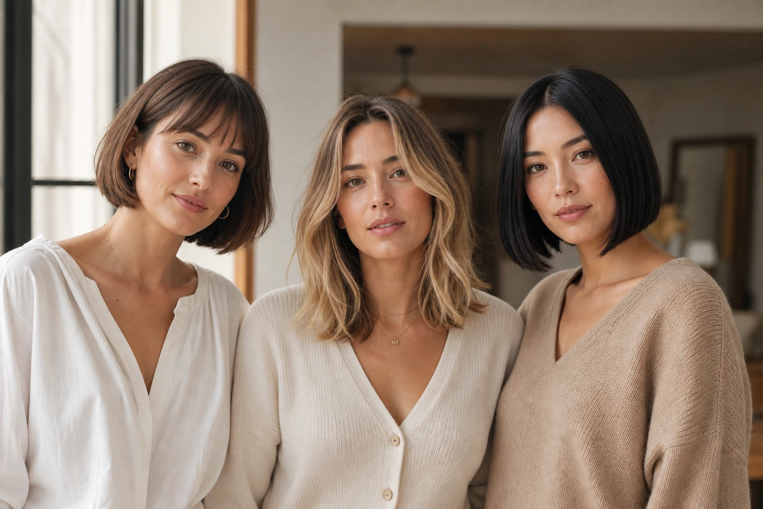 Trois femmes portant trois variantes du carré français devant une façade parisienne