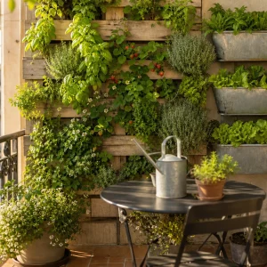 Balcon urbain avec mur végétal récup' associant palette plantée et gouttières en cascade