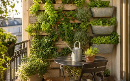 Balcon urbain avec mur végétal récup' associant palette plantée et gouttières en cascade