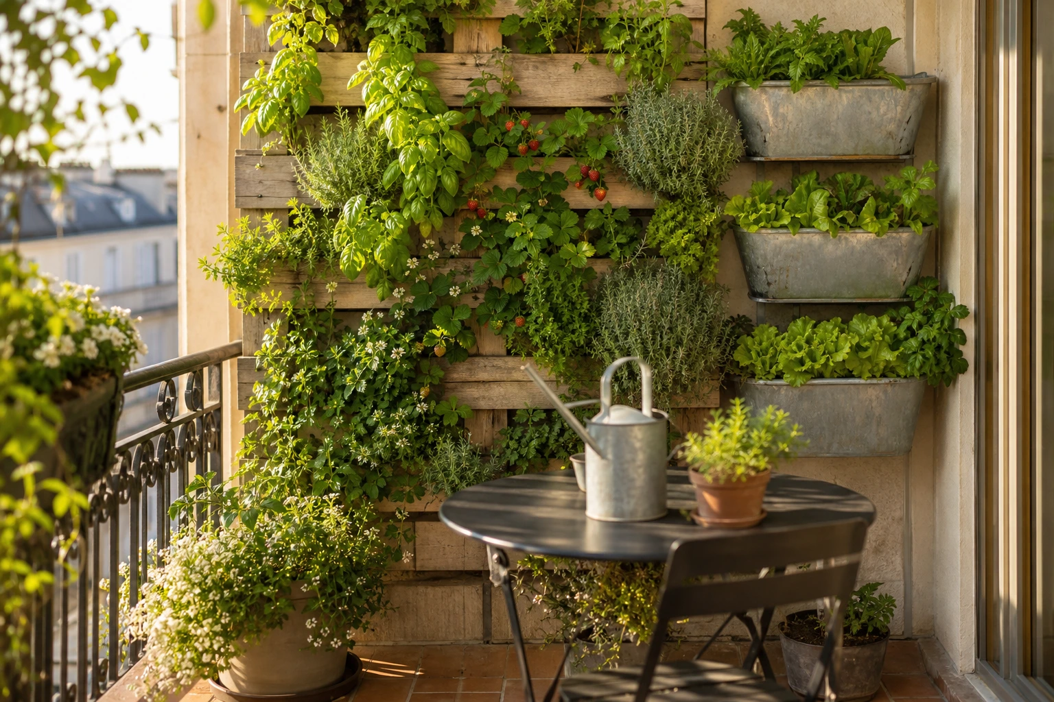 Balcon urbain avec mur végétal récup' associant palette plantée et gouttières en cascade