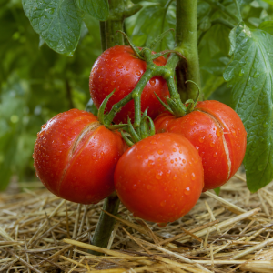 Tomates rouges fendues sur le pied après une averse d'été dans un potager paillé