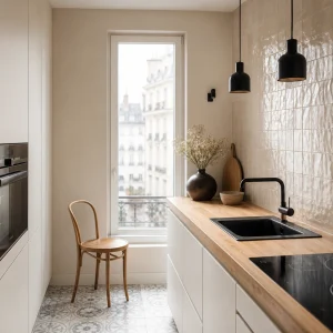 Petite cuisine moderne aménagée avec colonne toute hauteur et plan de travail libre, sans meubles hauts