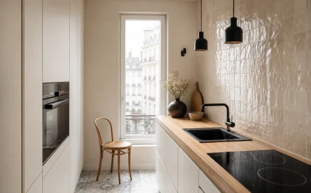 Petite cuisine moderne aménagée avec colonne toute hauteur et plan de travail libre, sans meubles hauts
