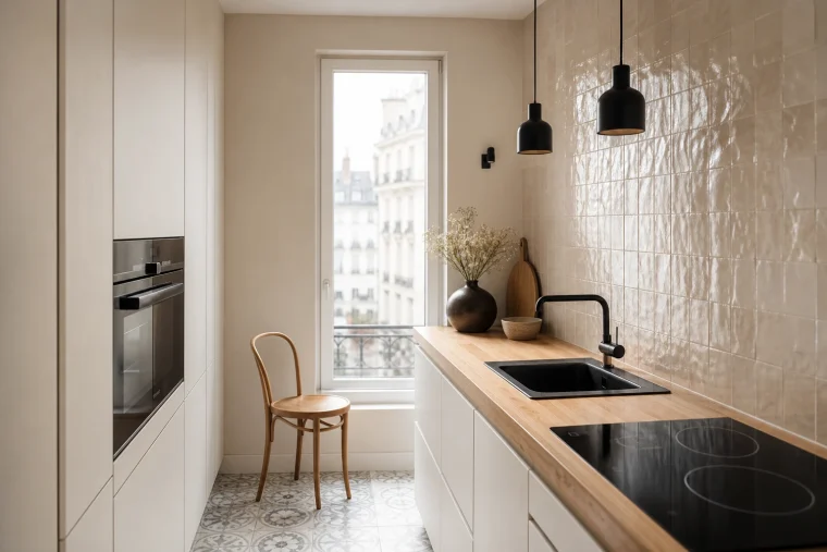 Petite cuisine moderne aménagée avec colonne toute hauteur et plan de travail libre, sans meubles hauts
