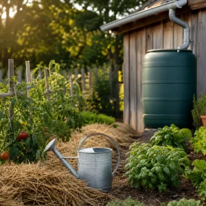 Potager français en juin avec arrosoir, paillage de paille et récupérateur d'eau de pluie