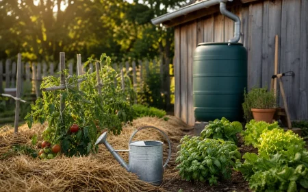 Potager français en juin avec arrosoir, paillage de paille et récupérateur d'eau de pluie