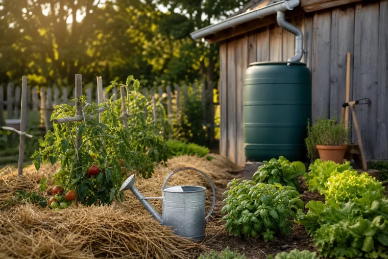 Potager français en juin avec arrosoir, paillage de paille et récupérateur d'eau de pluie