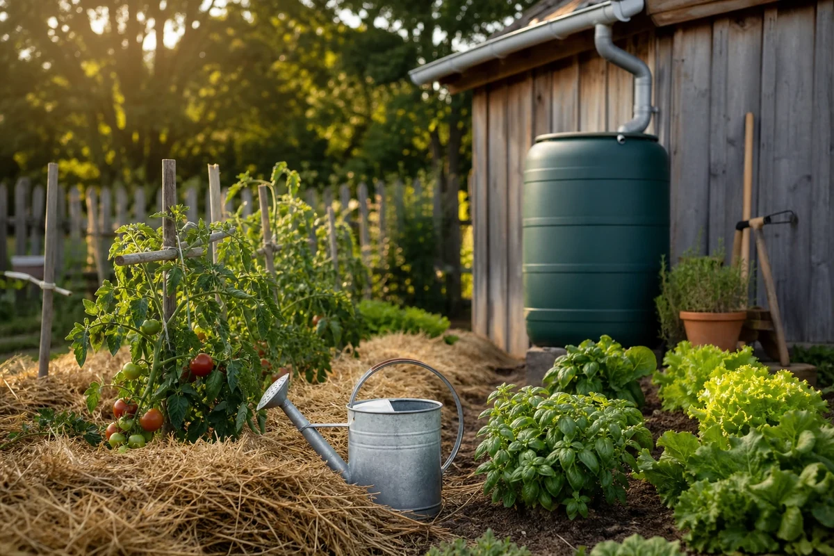 Potager français en juin avec arrosoir, paillage de paille et récupérateur d'eau de pluie