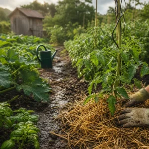 Jardinier paillant un plant de tomate au potager après une pluie de juin, terre humide visible entre les rangs