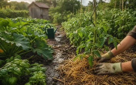 Jardinier paillant un plant de tomate au potager après une pluie de juin, terre humide visible entre les rangs