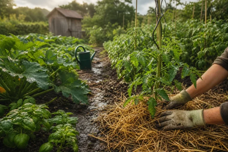 Jardinier paillant un plant de tomate au potager après une pluie de juin, terre humide visible entre les rangs