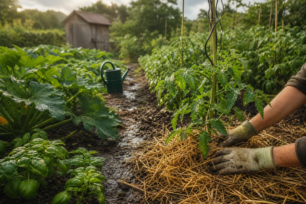 Jardinier paillant un plant de tomate au potager après une pluie de juin, terre humide visible entre les rangs