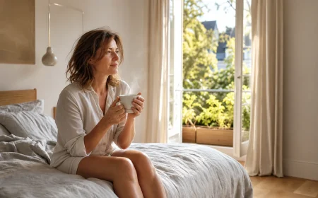 Femme assise au bord de son lit, fenêtre ouverte sur la lumière du matin de juin
