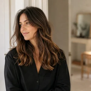 Femme brune aux cheveux mi-longs ondulés avec balayage toffee chocolat aux reflets caramel et miel