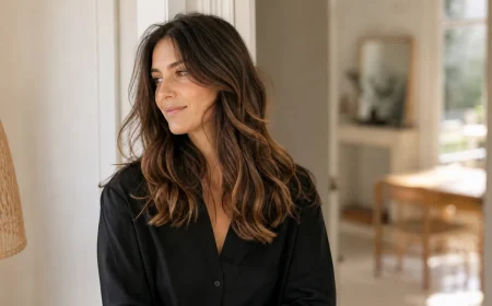 Femme brune aux cheveux mi-longs ondulés avec balayage toffee chocolat aux reflets caramel et miel
