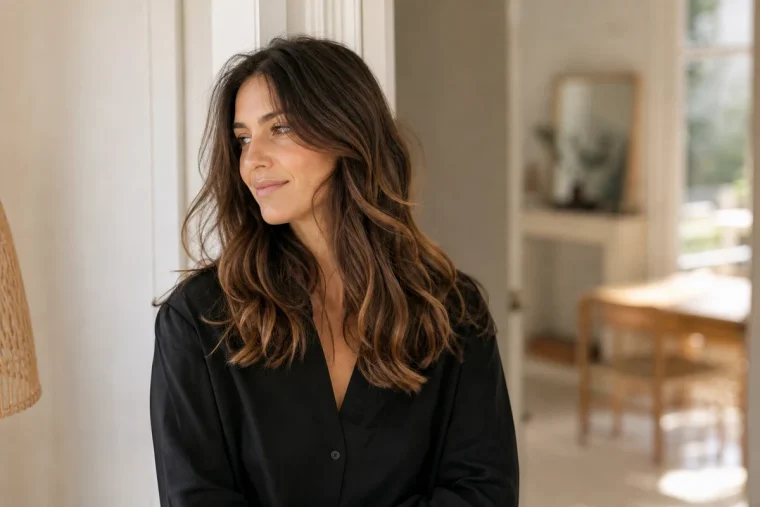 Femme brune aux cheveux mi-longs ondulés avec balayage toffee chocolat aux reflets caramel et miel