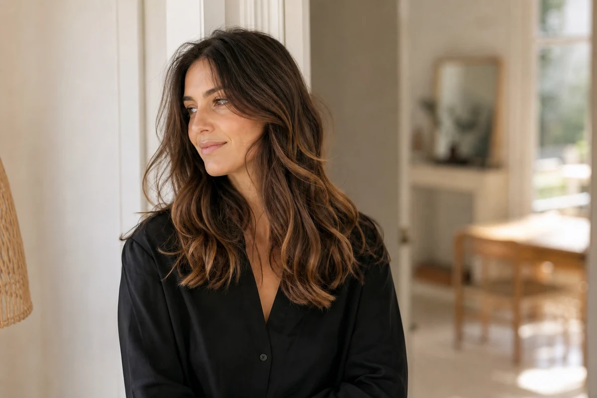 Femme brune aux cheveux mi-longs ondulés avec balayage toffee chocolat aux reflets caramel et miel