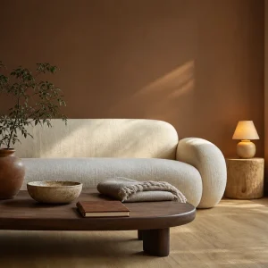 Salon japandi enrichi 2026 aux tons terreux avec mur Mocha Mousse, mobilier bas en noyer et céramiques artisanales