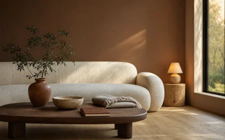 Salon japandi enrichi 2026 aux tons terreux avec mur Mocha Mousse, mobilier bas en noyer et céramiques artisanales
