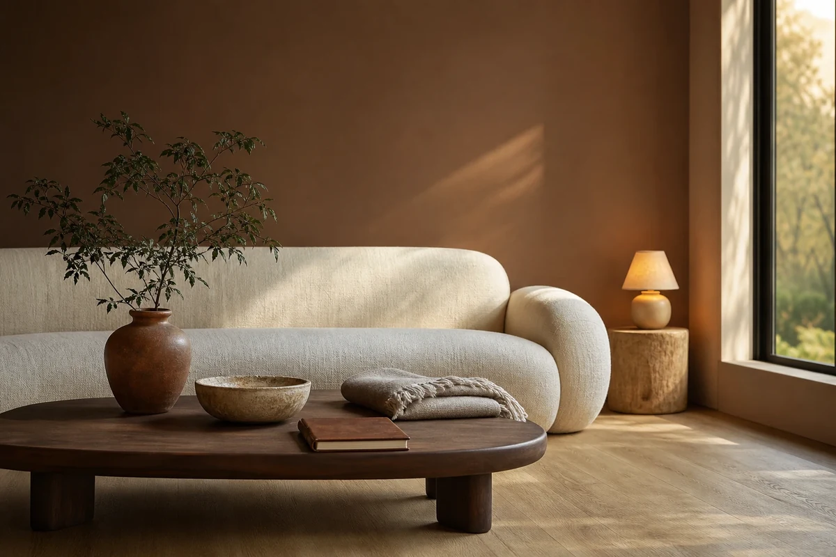Salon japandi enrichi 2026 aux tons terreux avec mur Mocha Mousse, mobilier bas en noyer et céramiques artisanales