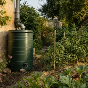 Jardin français préparé pour les vacances avec arrosage goutte-à-goutte installé au pied des tomates et lavandes