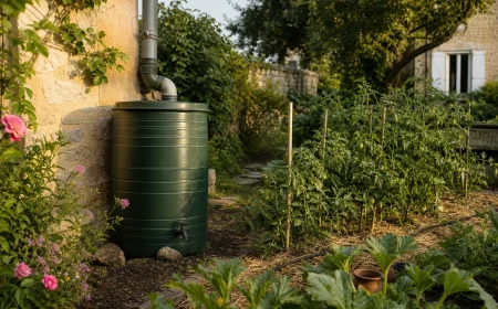 Jardin français préparé pour les vacances avec arrosage goutte-à-goutte installé au pied des tomates et lavandes