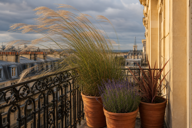Balcon parisien venteux avec Miscanthus, lavande et Phormium en pots de terre cuite