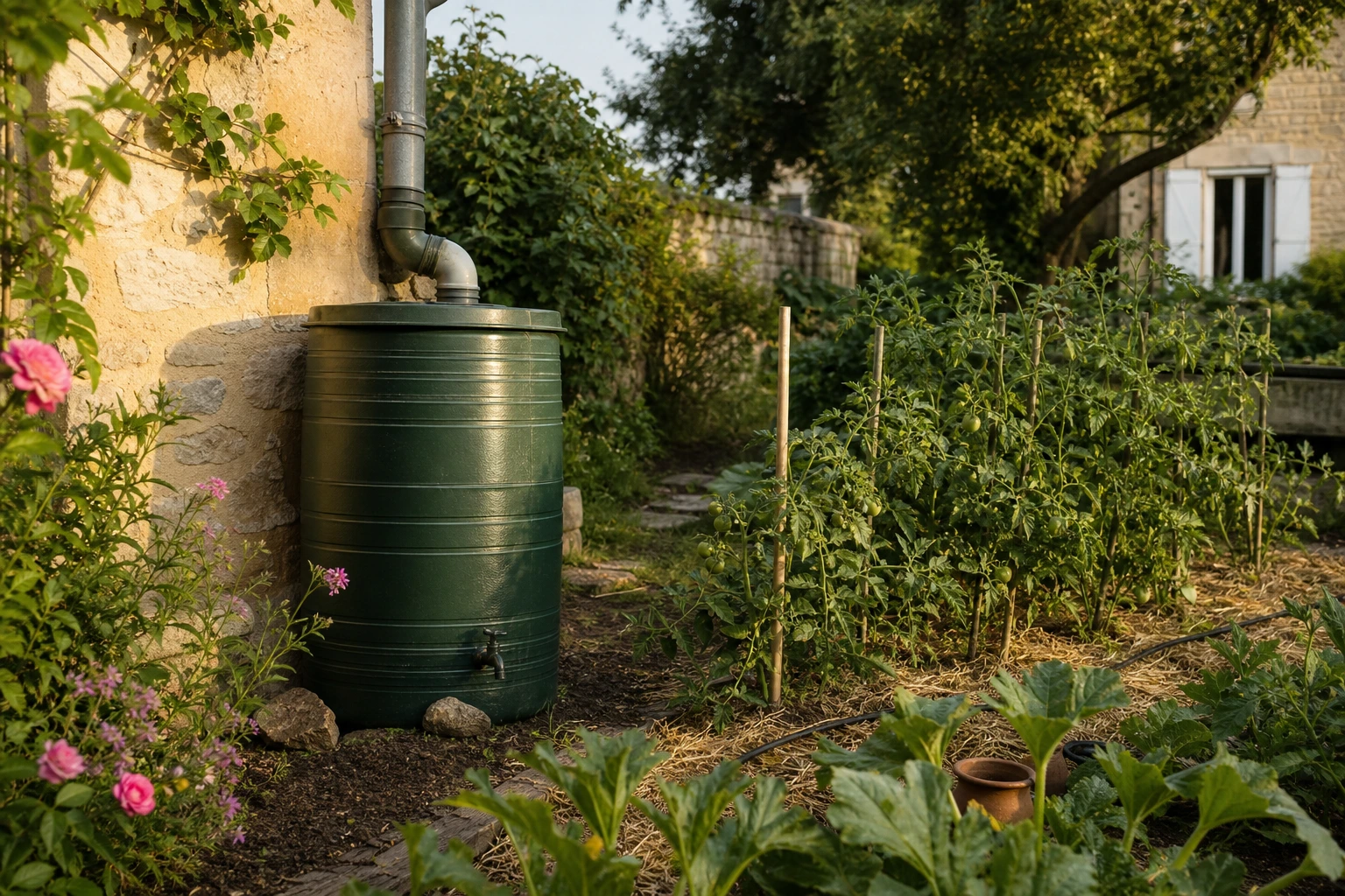 Jardin français préparé pour les vacances avec arrosage goutte-à-goutte installé au pied des tomates et lavandes